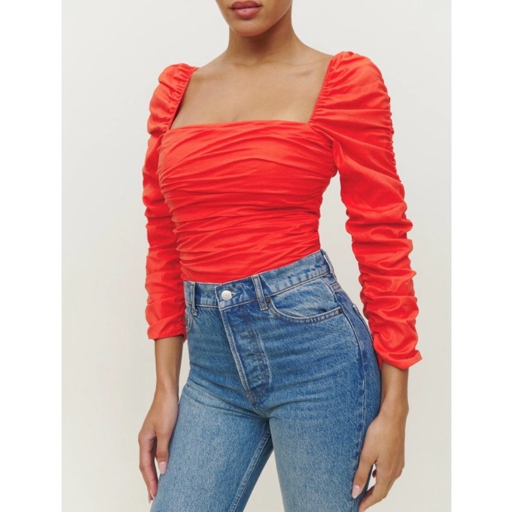 Reformation Red Ruched Square-Neck Long-Sleeve Top